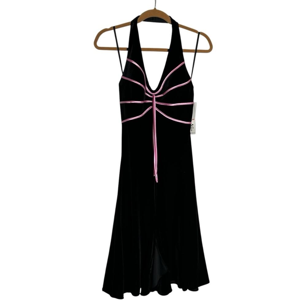 NWT Vintage Blondie Nites Black & Pink Velvet‎ Halter V Neck Dress Size 5